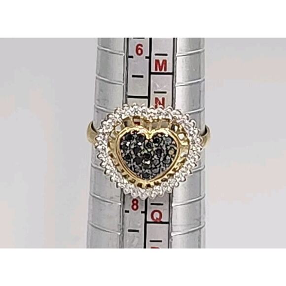 18k Yellow Gold Black &White Diamonds Heart Ring Size 7.25 - Picture 11 of 12